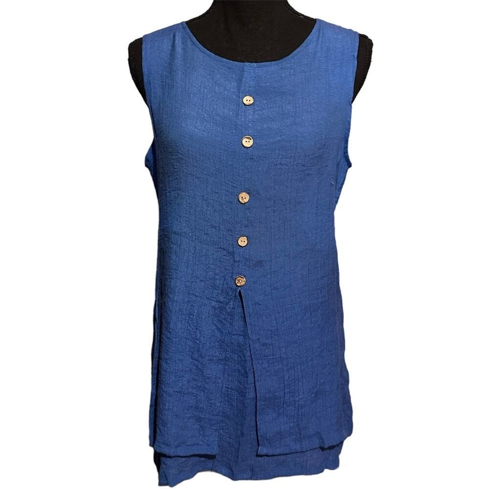 Creation Blue Long Line Sleeveless Blouse Top Women's S Small